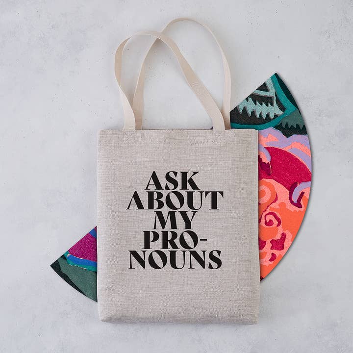 Ask About My Pronouns Tote Bag for wholesale by Bookishly (US Duties Paid)