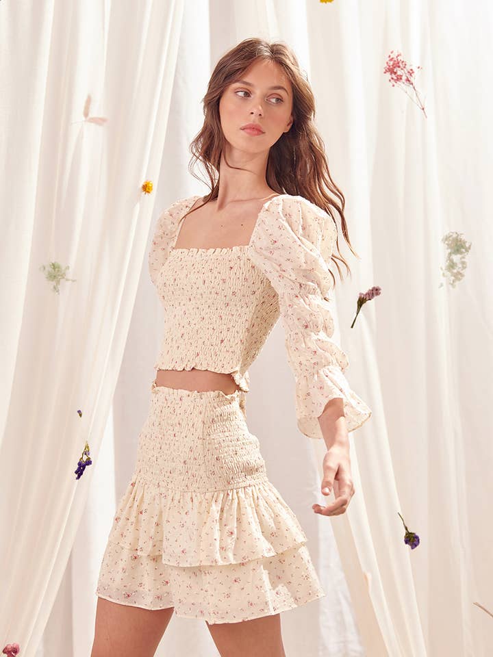 JS1848G- Floral Print and Embroidered Dots Mini Skirt for wholesale by STORIA