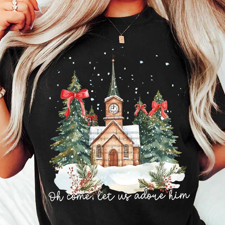 NVC Ecommerce LLC - Wholesale T-Shirt (Graphic) - Women's - Oh Come Let Us Adore Him Sweatshirt, Jesus Christmas Tee2