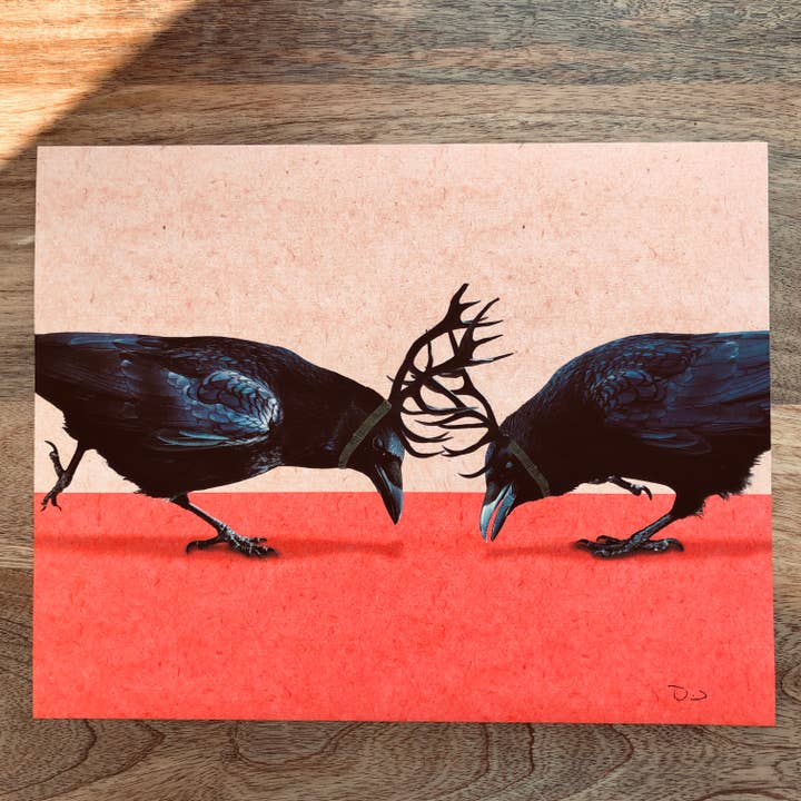 Crow Fight funny quirky bird art print for wholesale by Colossal Sanders