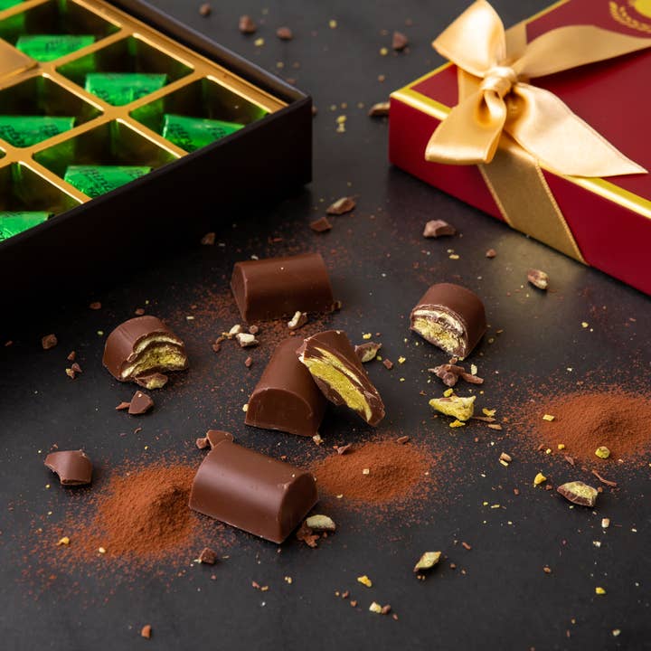 Carian's Bistro Chocolates - Wholesale Chocolate Box - Viral Dubai Chocolate Gift Box with Gold Ribbon Wrapped14