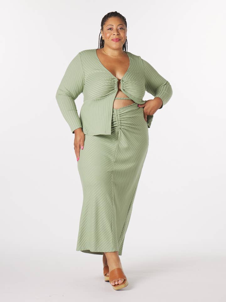 “Luna” Knit Tie-Around Maxi Skirt in Sage Plus Size for wholesale by What Lo Wants