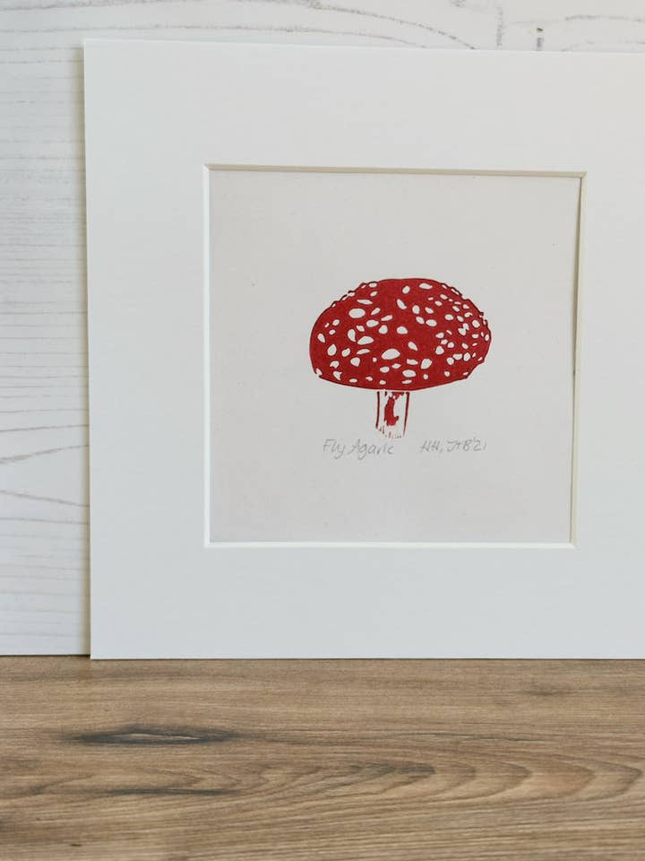 Fly Agaric fungi prints - hand printed lino art print for wholesale by Jackdaw and Bear