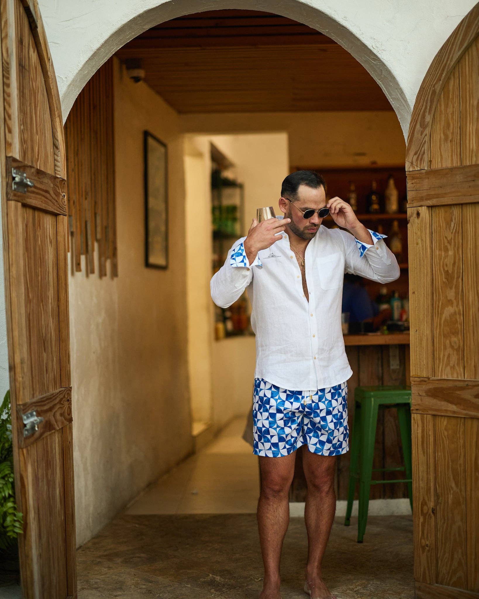 Mens Blue and White Print Swim Trunks for wholesale on Faire5