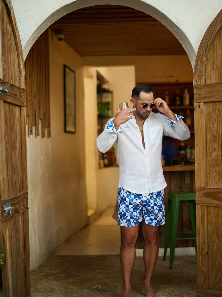 Mens Blue and White Print Swim Trunks for wholesale on Faire5