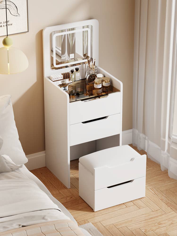 Blanc Coiffeuse 3-en-1 de 60 cm avec miroir rabattable et 3 tiroirs en vente sur Faire4