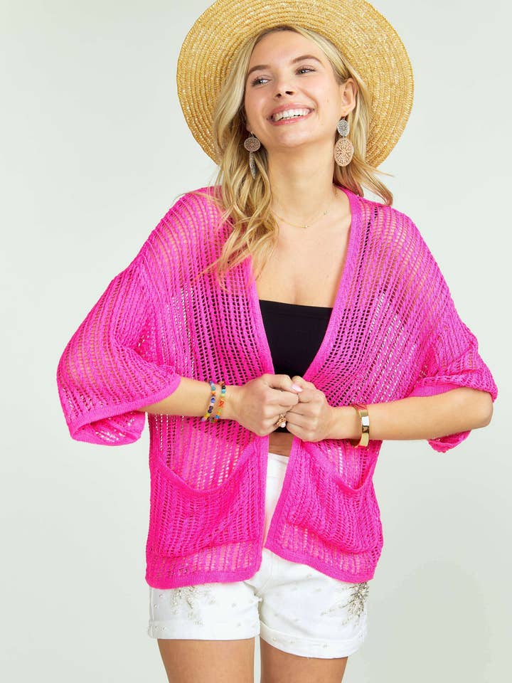 Madelyn - Wholesale Cardigan - Women's - LEJ2144 - FISHNET KNIT SHORT SLEEVE CARDIGAN