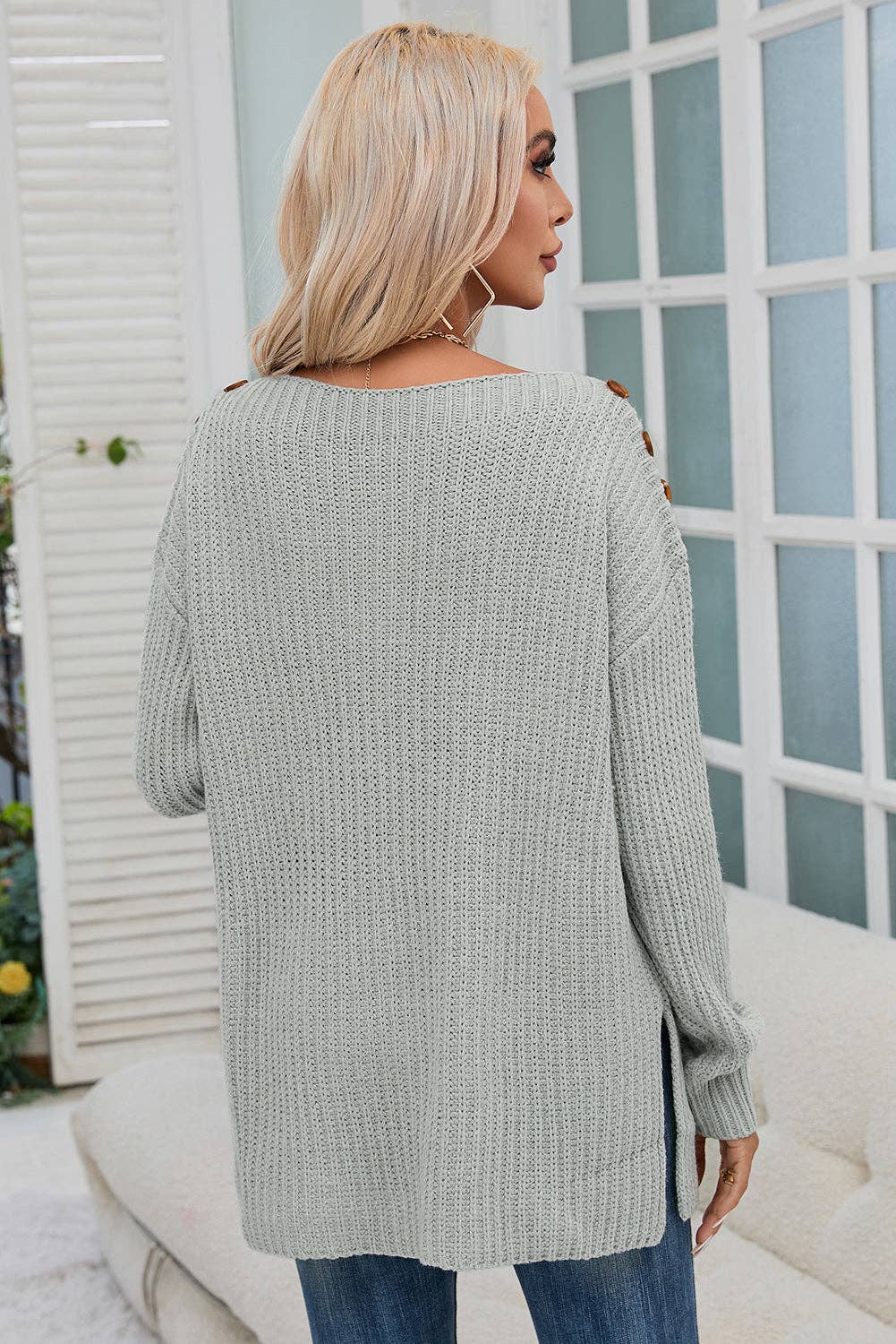 Gray Solid Buttoned Drop Shoulder Sweater for wholesale on Faire1