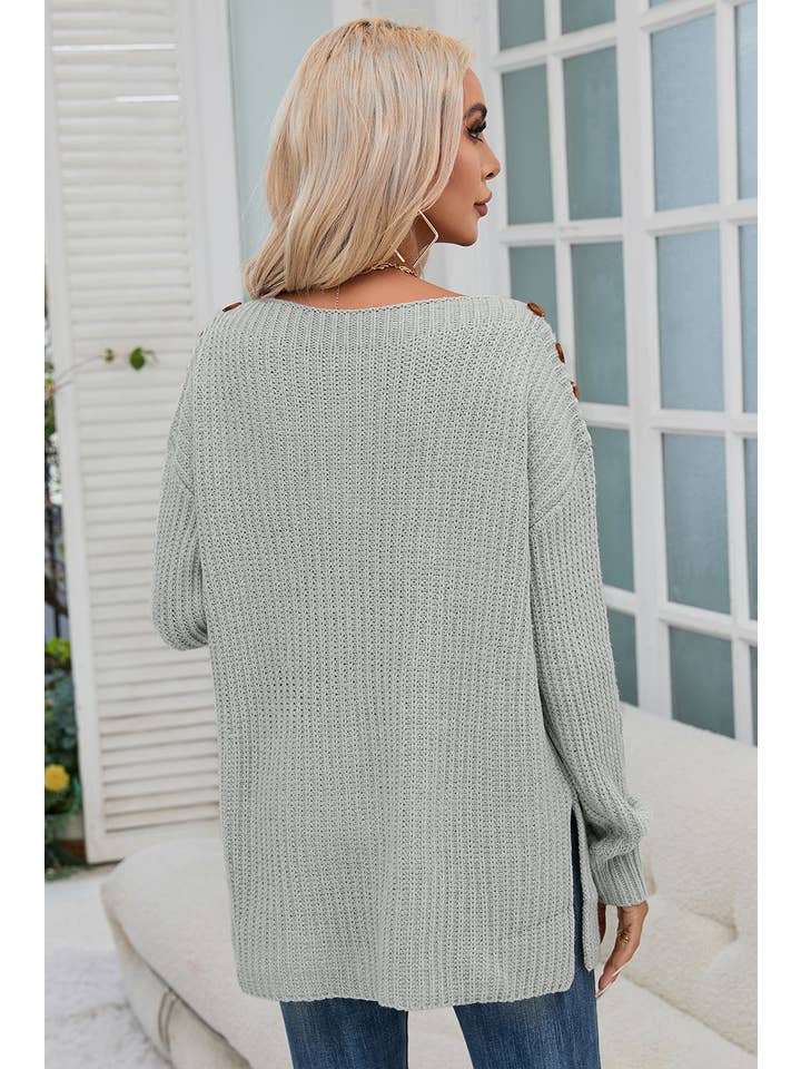 Gray Solid Buttoned Drop Shoulder Sweater for wholesale on Faire1