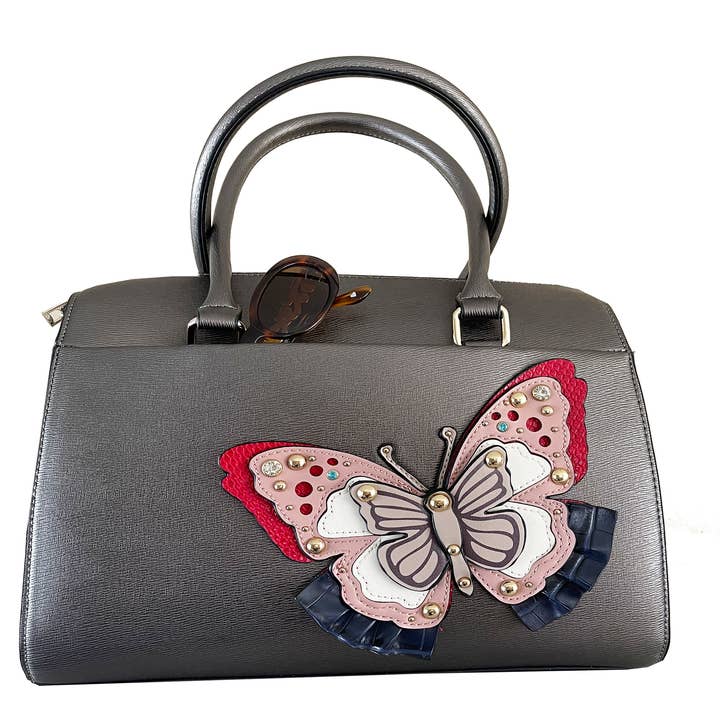 Amanda Pewter Silver Vegan Leather Handbag with Butterfly for wholesale by Timmy Woods Beverly Hills