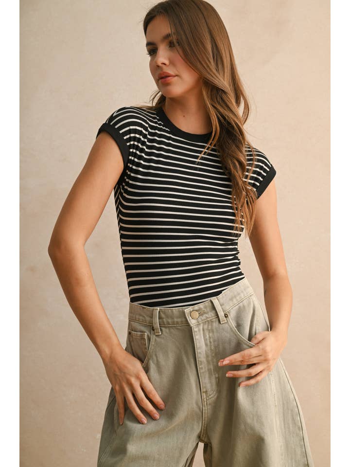 MIOU MUSE - Wholesale Bodysuit - Women's - T5298 STRIPED RIB CAP SHORT SLEEVE BODYSUIT