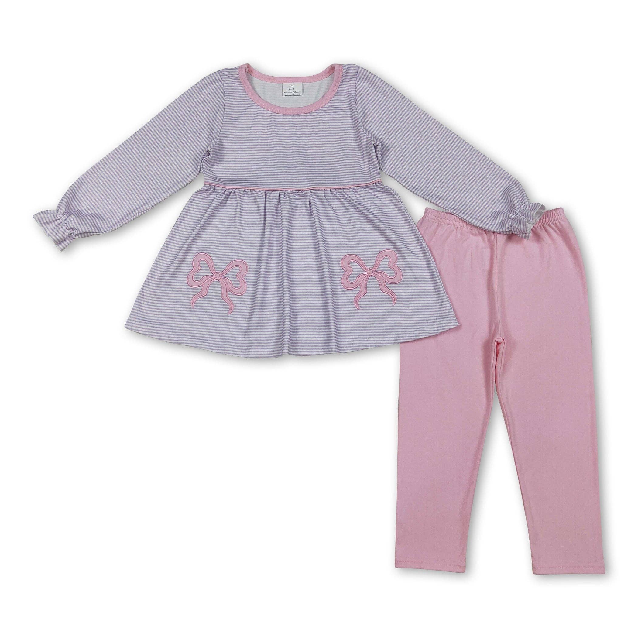Yawoo Garments - Wholesale Top & Leggings Set - Kids - Long sleeves stripe bow tunic pink leggings girls clothing