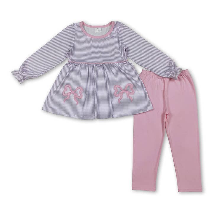Yawoo Garments - Wholesale Top & Leggings Set - Kids - Long sleeves stripe bow tunic pink leggings girls clothing0