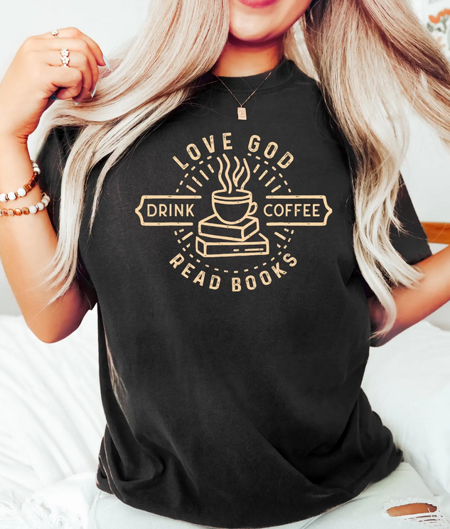 Eleven Fashion - Wholesale Screen Printed T-Shirt - Unisex - Love God Drink Coffee Read Books Shirt0
