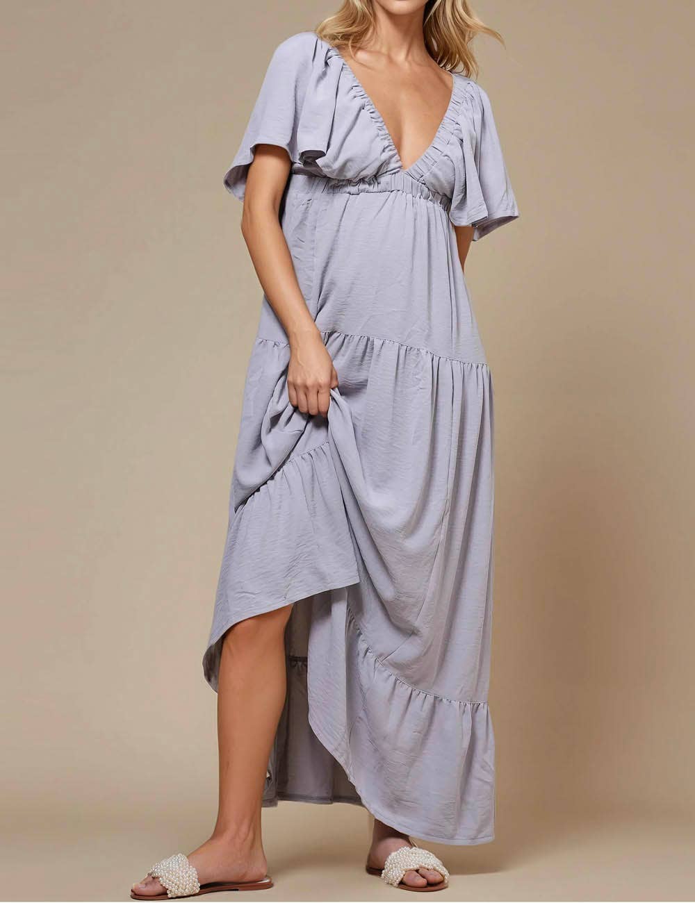 Sweetkama - Vente Robe – femme - Robe maxi unie décolleté en V et dos nu SKD15323