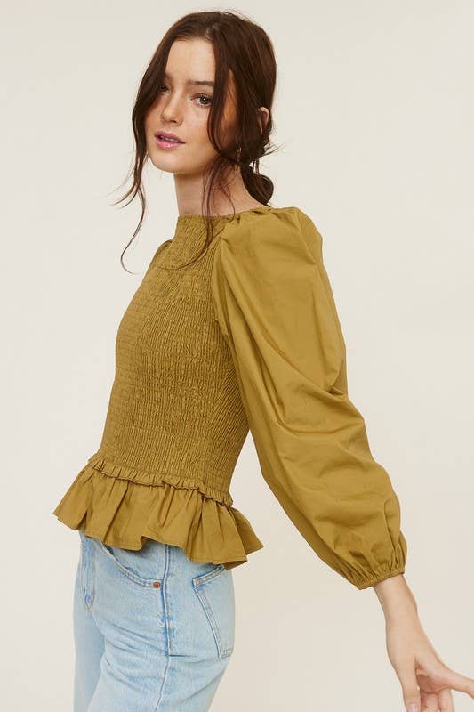Mimosa - Wholesale Blouse - Women's - Puff Sleeve Ruched Peplum Blouse2