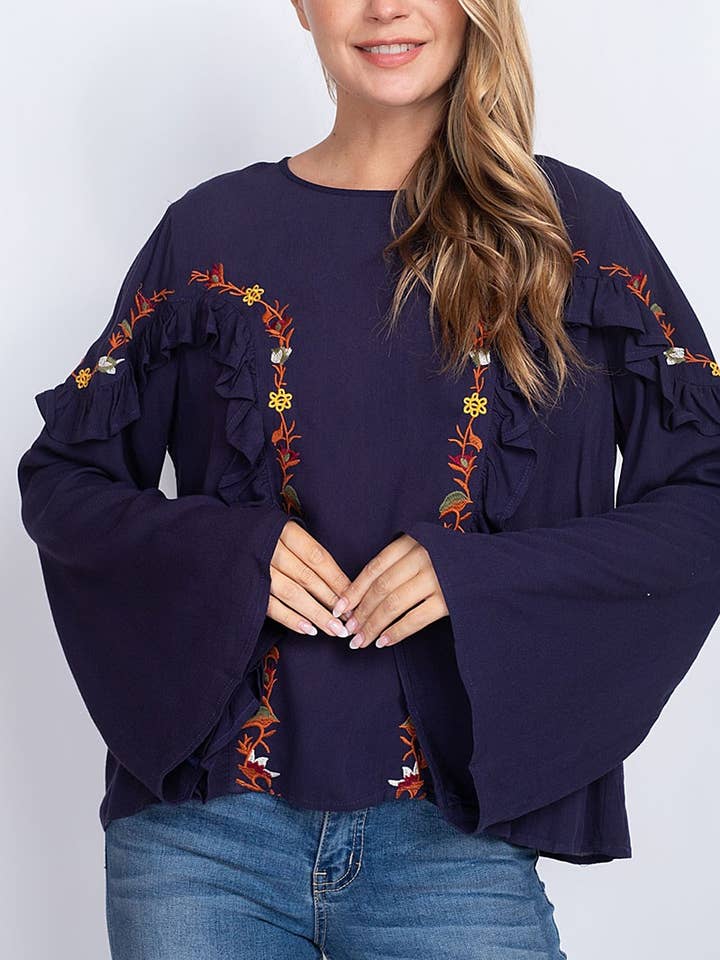 FLORAL EMBROIDERED RUFFLE DETAIL BELL SLEEVE TOP for wholesale by ROUSSEAU