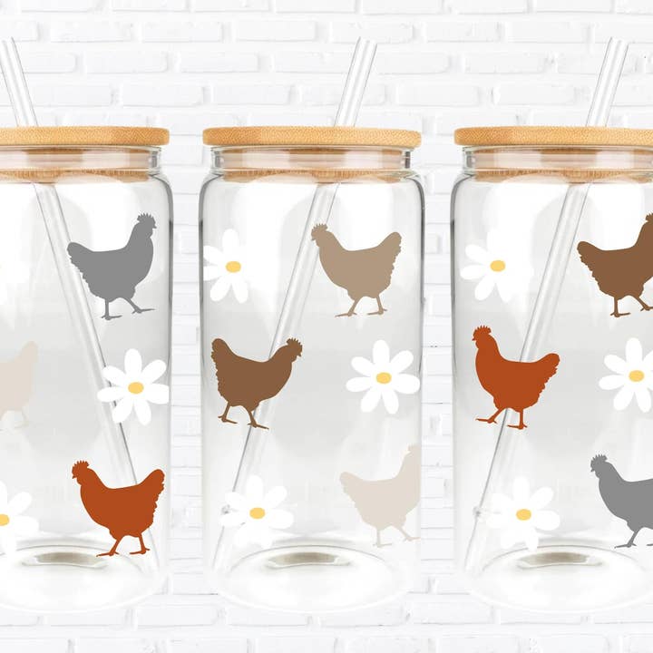 Dm Crafting - Wholesale Drinking Glass/Cup - Chicken & Daisies Cup, Glass 16oz Coffee Cup, Western Cup0