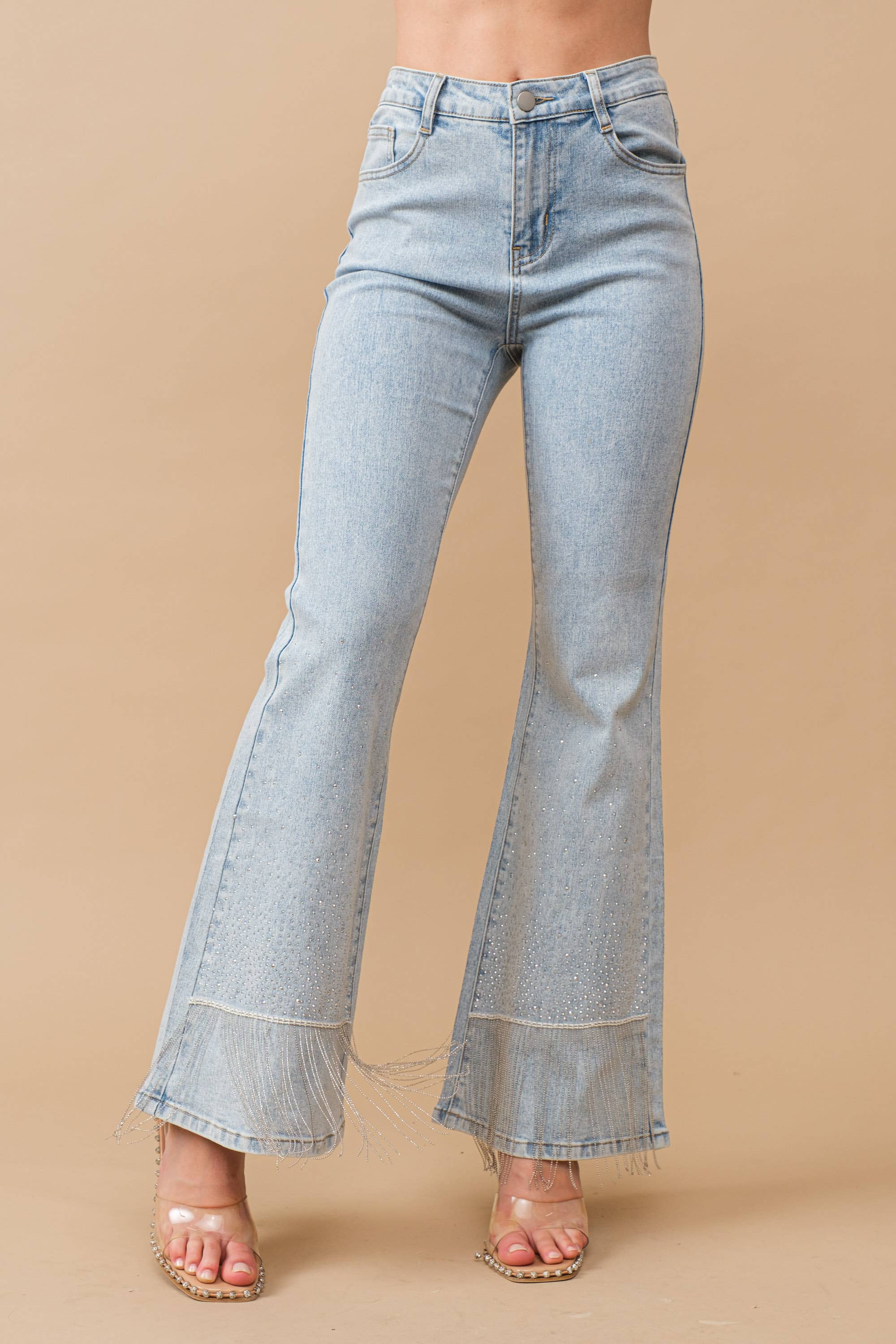 Blue B - Vente Jean – femme - Jean évasé en coton stretch avec strass cloutés et franges11