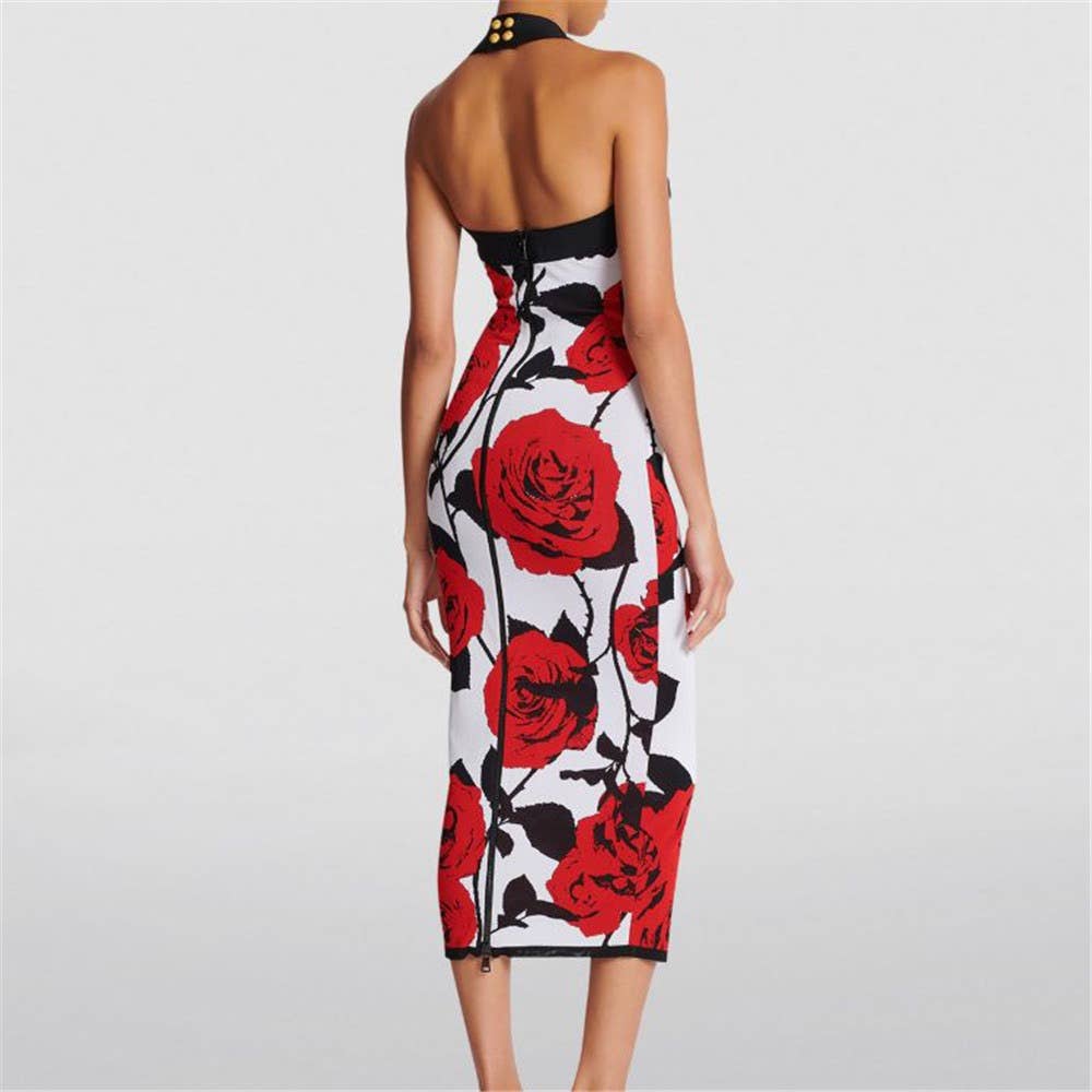 Rød DR0239 Chic Rose Jacquard halterkjole med guldknapper for engroshandel på Faire2