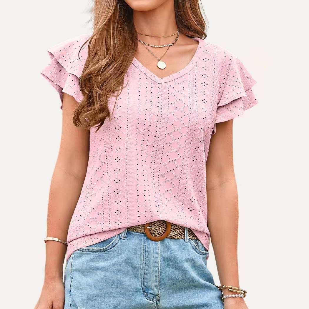 The Moment Collection – wholesale Blus - Dam – Chic Ruffle V-hals Genomborrad Pointelle Ren Kortärmad Topp11