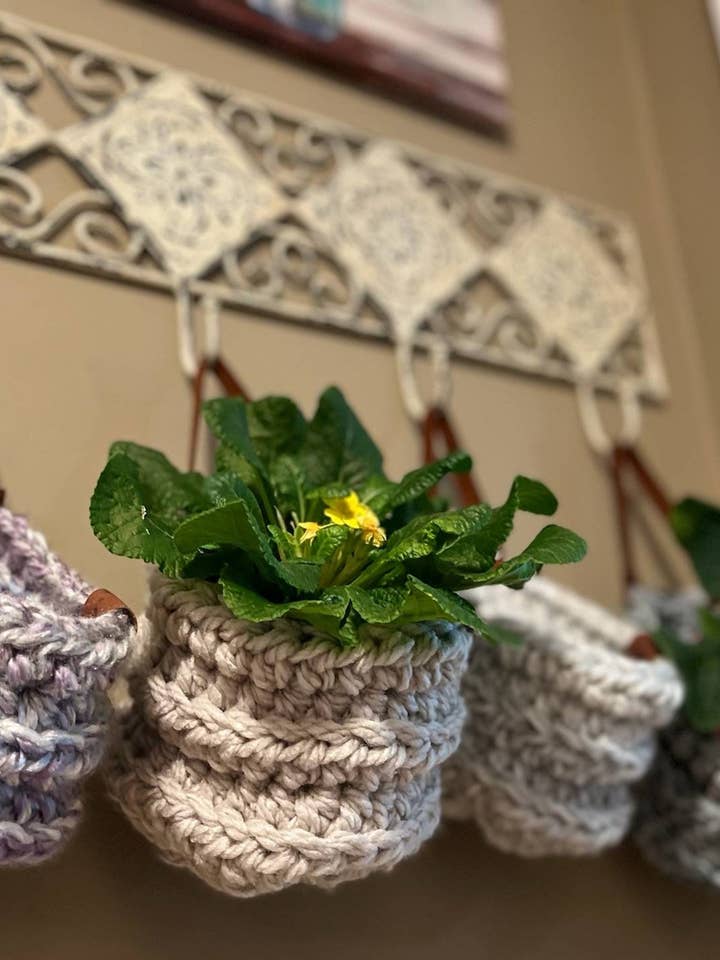 Crochet Hanging Basket, Hanging Basket, Basket With Suede Handle, Storage Basket, Plant Hanger, Home Decor, Farmhouse Style, Coastal Living for wholesale by Blessed Hearts Co