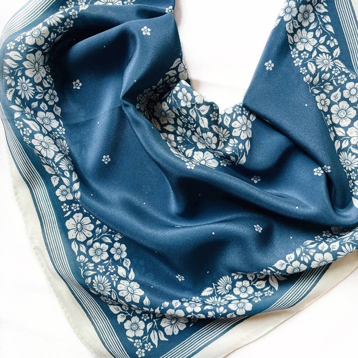 Flora West Design - Wholesale Bandana – Women's - 100% Silk Bandana Scarf -Santorini Floral China Blue Western5