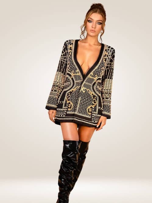 Black Adriana Pearl Blazer Dress In Gold for wholesale on Faire0