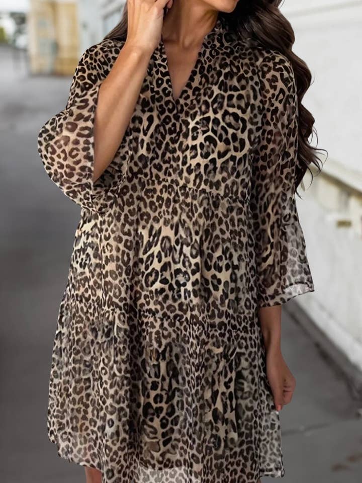 Leopard Tiered V Neck 3/4 Sleeve Swing Dress | S-XL for wholesale by Aapparella