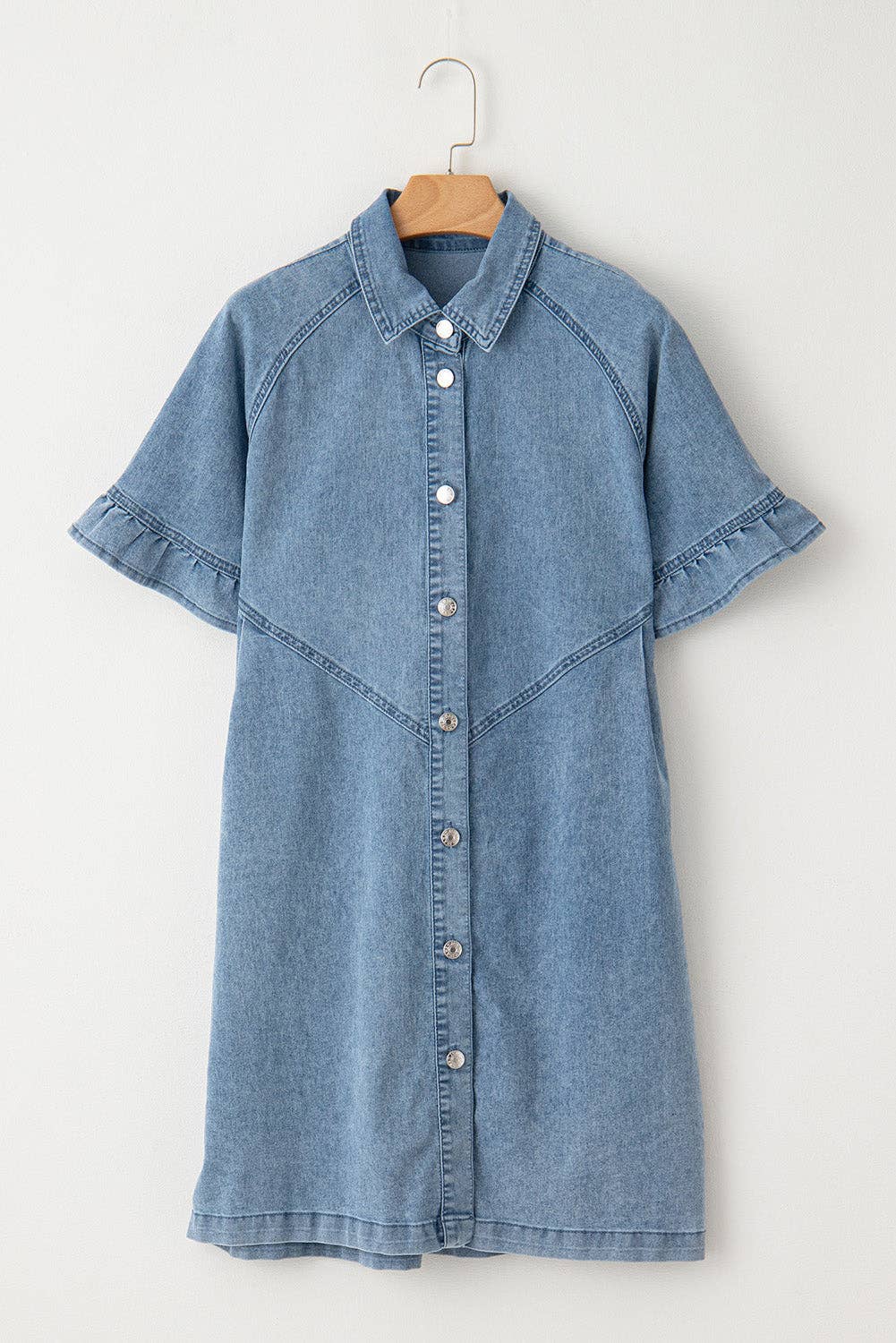 Lovesoft - Wholesale Dress - Women's - Light Blue Frilled Short Sleeve Button Up Loose Denim Shirt Dress6