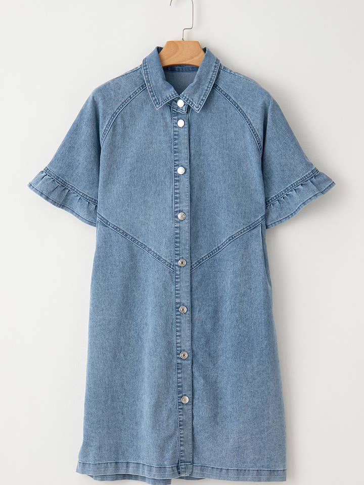 Lovesoft - Wholesale Dress - Women's - Light Blue Frilled Short Sleeve Button Up Loose Denim Shirt Dress6