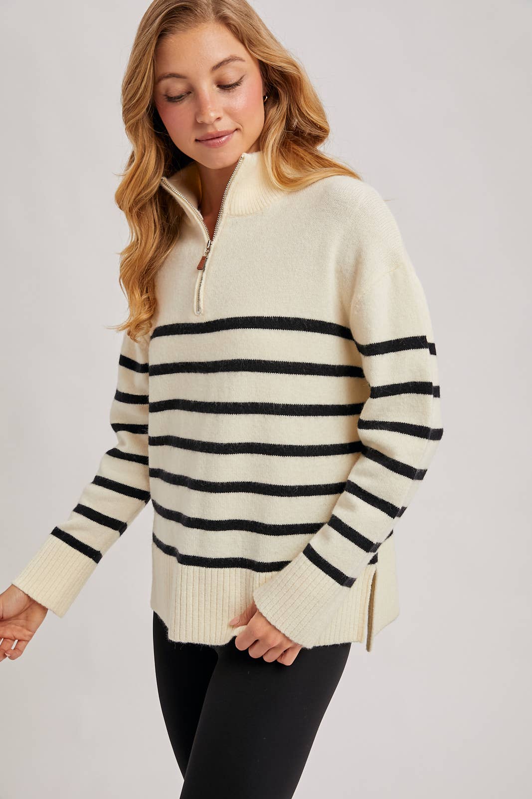 Bluivy - Wholesale Knit Sweater - Women's - QUARTER ZIP UP STRIPE SWEATER PULLOVER14