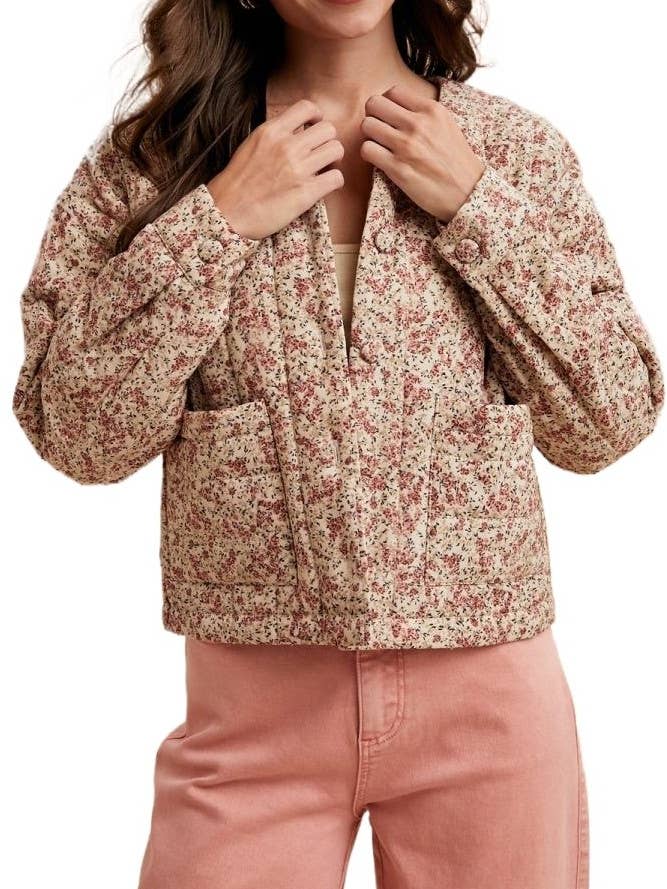 Casaco Cropped Acolchoado com Botões e Estampa Floral por atacado de Vanilla Monkey