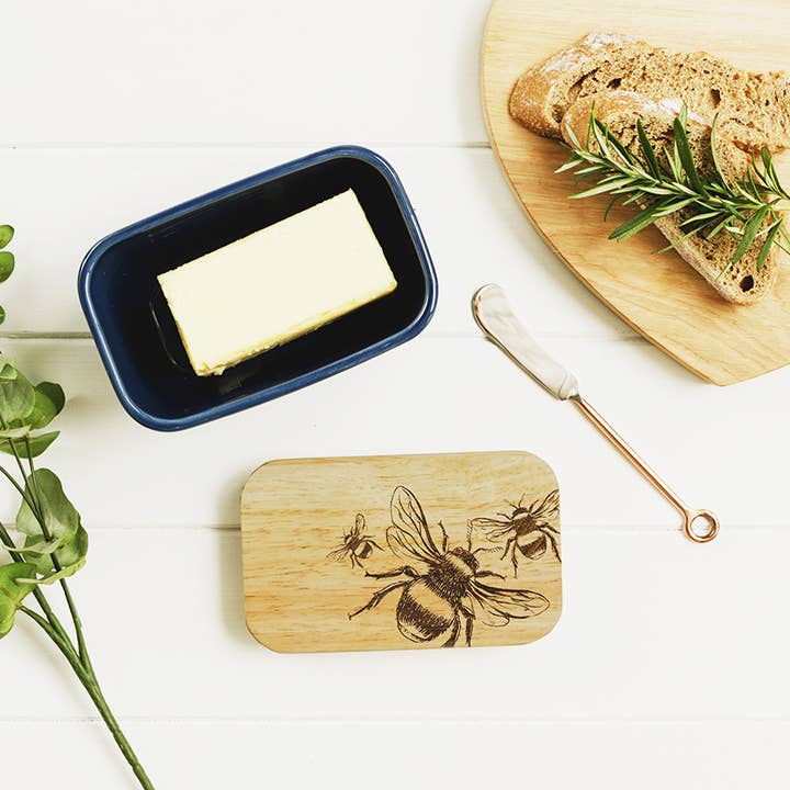 Bee Oak and Ceramic Butter Dish - Blue for wholesale by Selbrae House Ltd