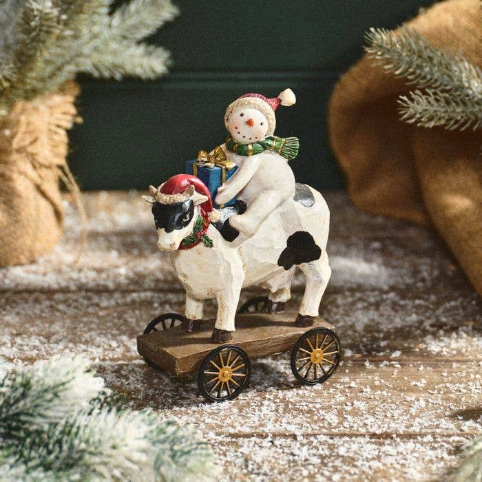 Langs - Wholesale Ornament - Christmas on the Farm Resin Snowman Riding Cow on Cart Ornament0