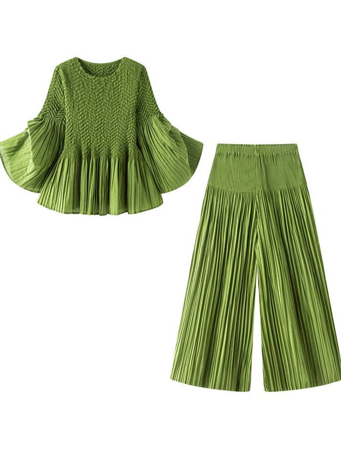 Black Pleated blouse top with flared sleeves & sweep (Green) for wholesale on Faire3