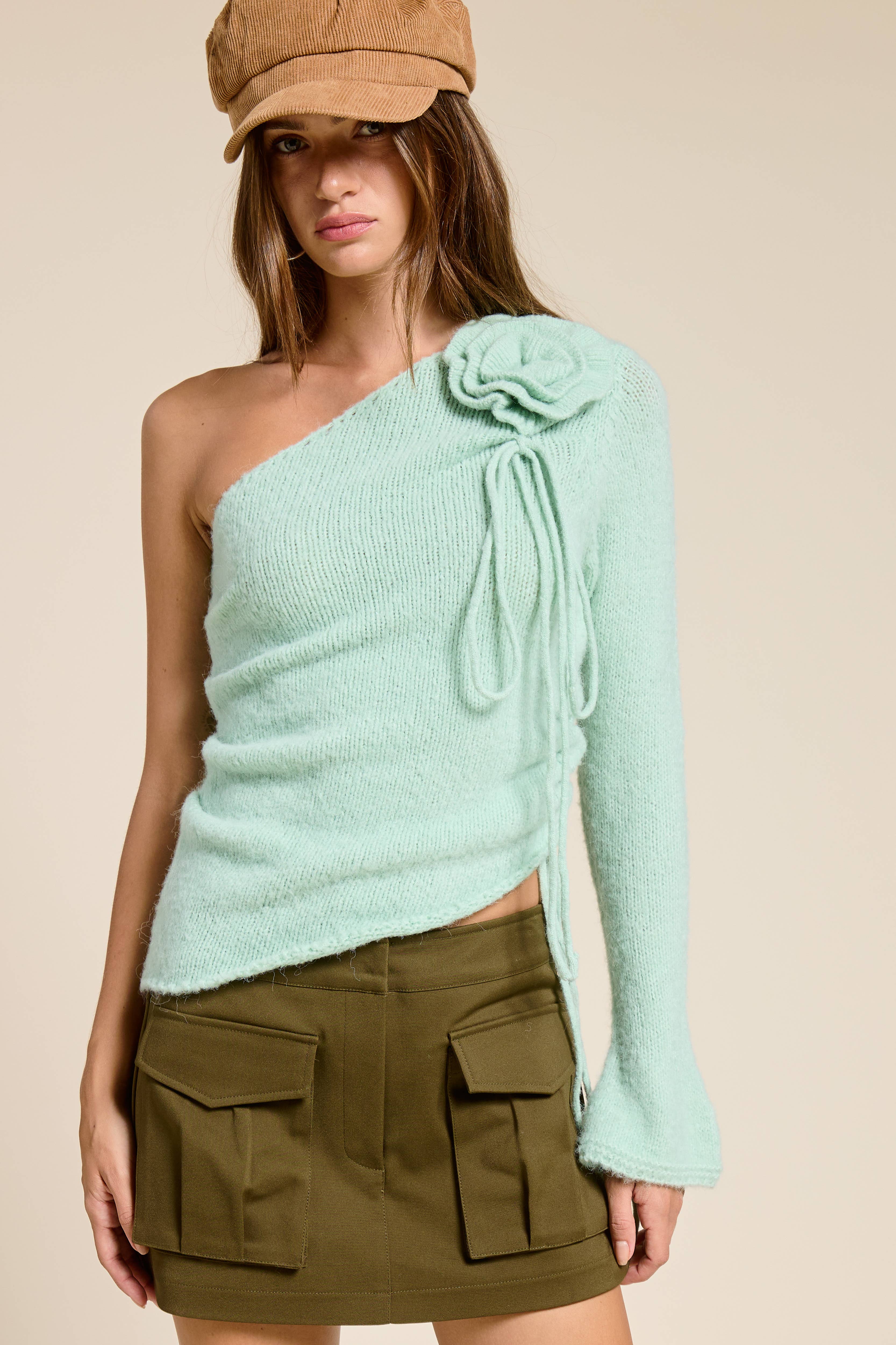 Mimosa - Wholesale Knit Top - Women's - One Shoulder Floral Embellishment Knit Top