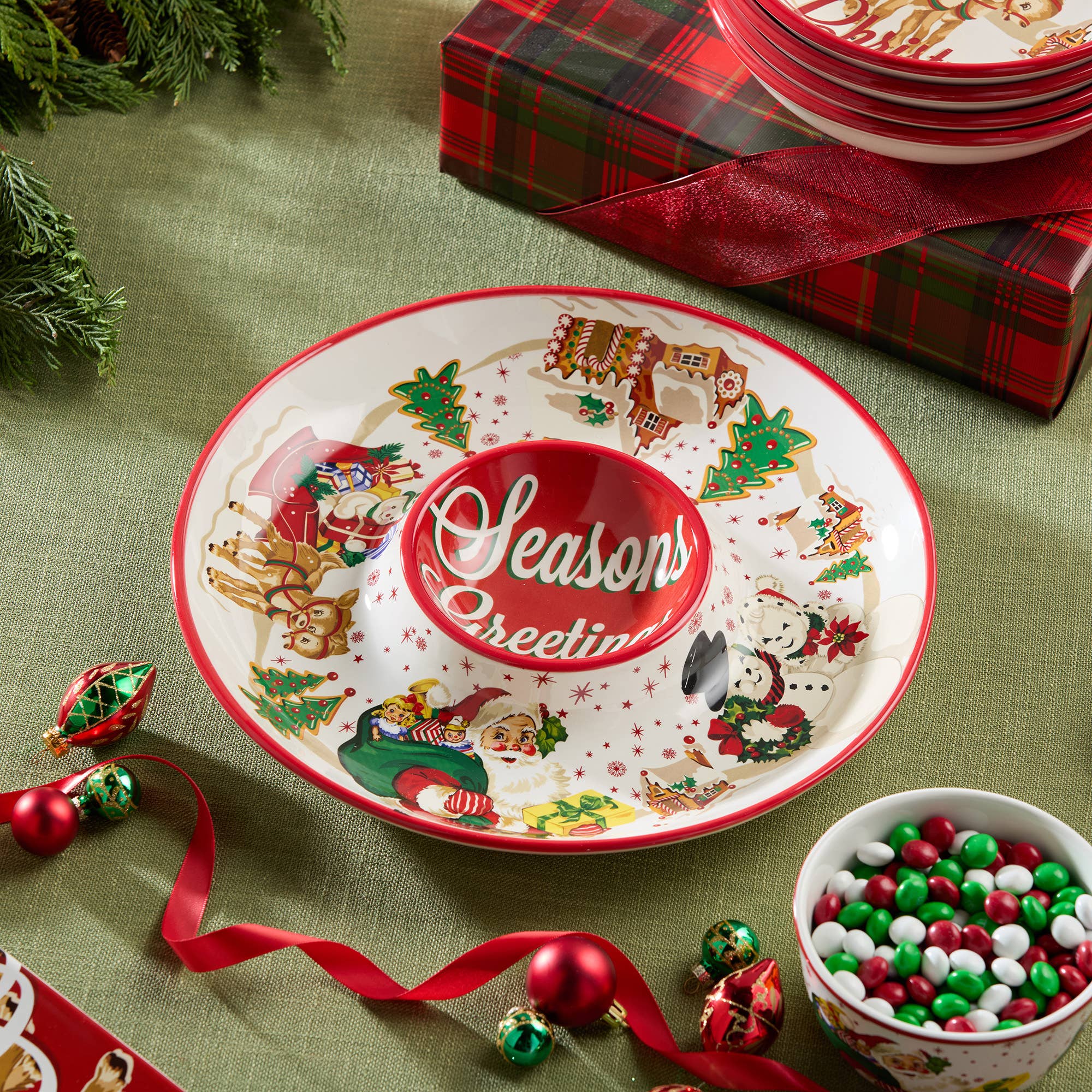 Certified International - Wholesale Appetizer Serveware - Santa's Retro Christmas Chip and Dip  13.75in3