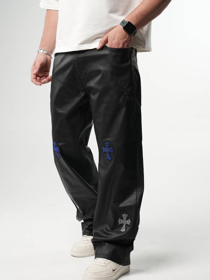 Baggy Leather Cross Patched Pants for wholesale by PremiumDenim