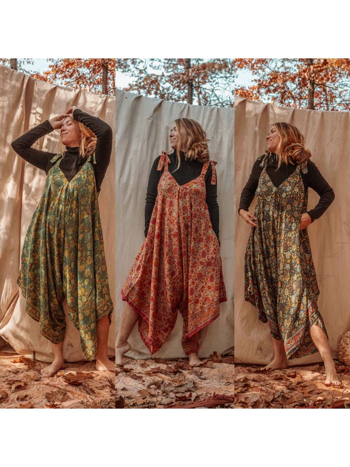 Gardenbelle Shop - Venta al por mayor Peto - Mujer - Mono hippie bohemio de seda con corbata fluida, jersey floral