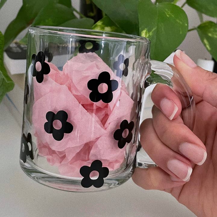 Flower print glass mug with handle for wholesale by Joyful Szn