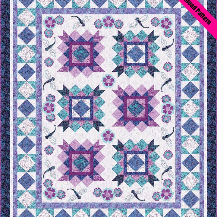 The Whimsical Workshop - Wholesale Craft sewing kit - Dragonflies & Posies Pieced/Appliqued Quilt Pattern | Fabric Kit1