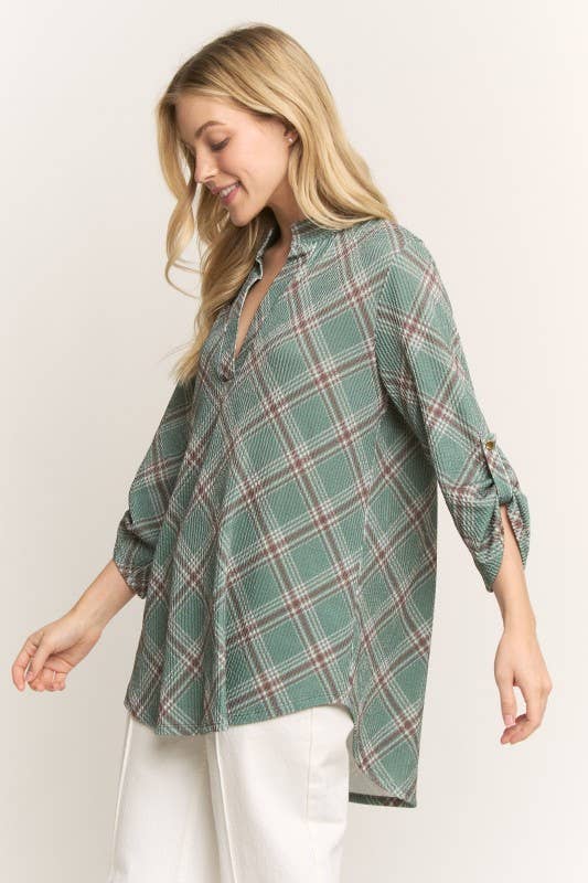 OLIJF ST1002-127 TOP MET KNOOPMOUWEN EN KRAAG IN VEELKLEURIG RUITPATROON voor groothandel op Faire5