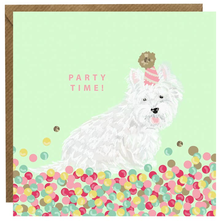 C'est l'heure de la fête ! » Carte Westie pour la vente par Lottie Simpson