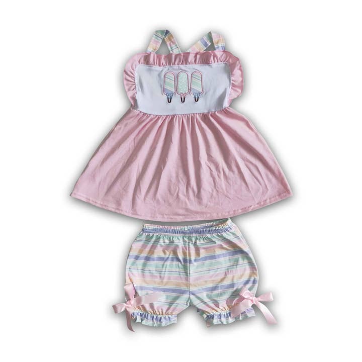 Yawoo Garments - Wholesale Top & Short Set - Kids - Popsicle embroidery stripe shorts girls summer clothes