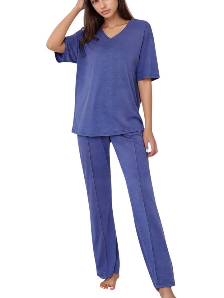 Short Sleeve V-Neck Pajama Set with Relaxed Fit Knit Top and Wide Leg Lounge Pants for wholesale by Anna Kaci Wholesale