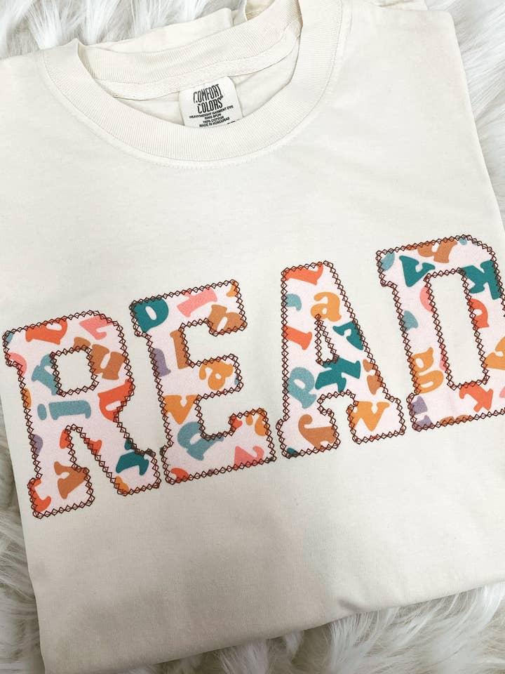 Comfort Colors READ Embroidered Alphabet Fabric Applique Sho for wholesale by Everly Enchanted
