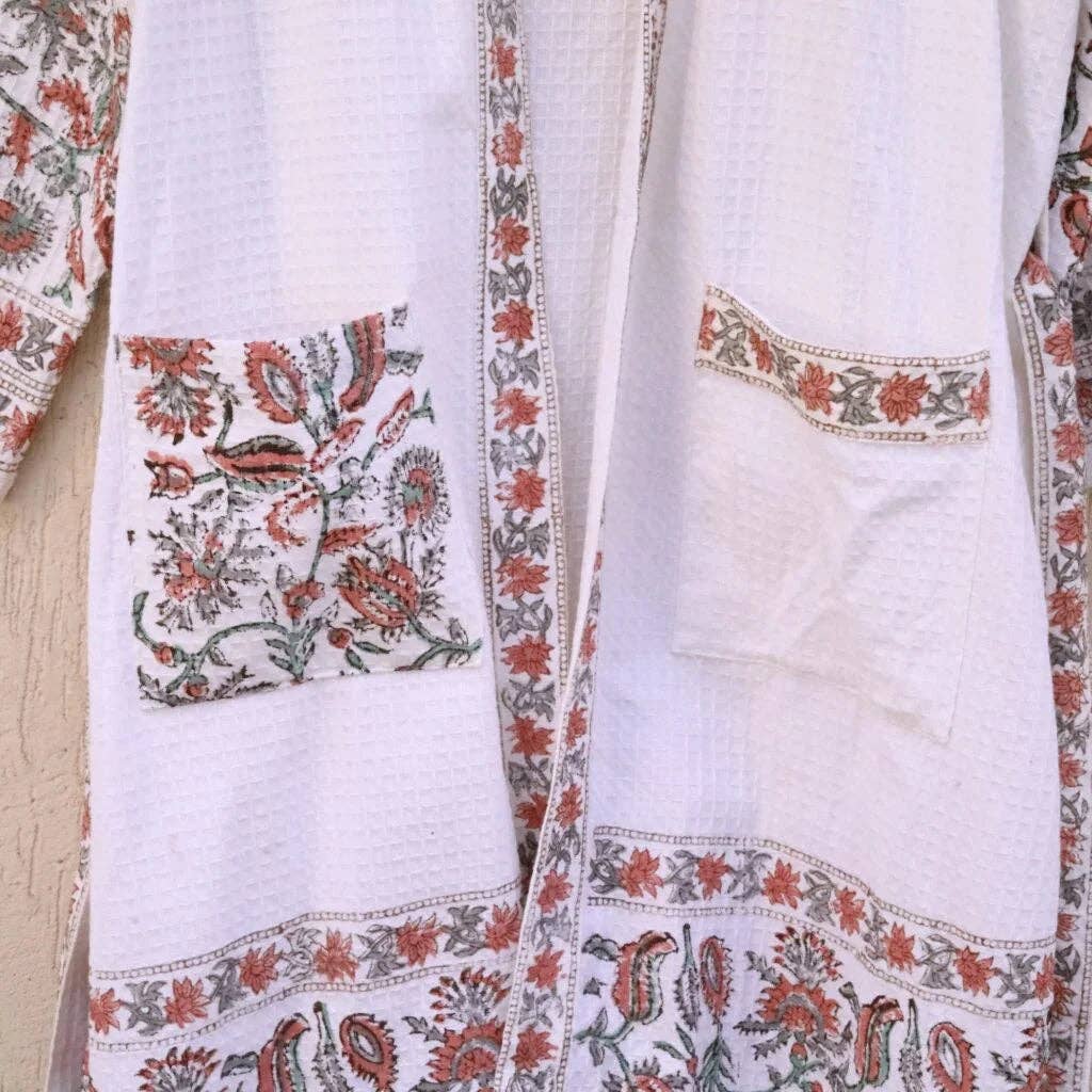Draped In Heritage - Wholesale Robe - Women's - Red Grey Florals Hand Block Printed Cotton Waffle Bathrobe5