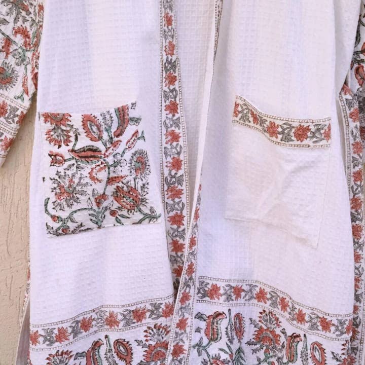 Draped In Heritage - Wholesale Robe - Women's - Red Grey Florals Hand Block Printed Cotton Waffle Bathrobe5