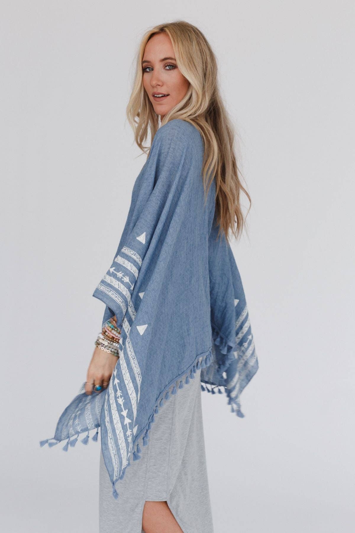 Three Bird Nest - Wholesale Poncho - Women's - Fallon Embroidered Sleeve Tassel Poncho - Blue2